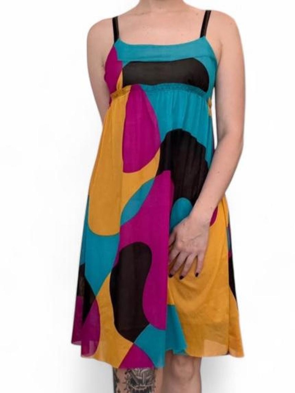 glam Teal, Magenta & Mustard Abstract Spaghetti-Strap Mini Dress